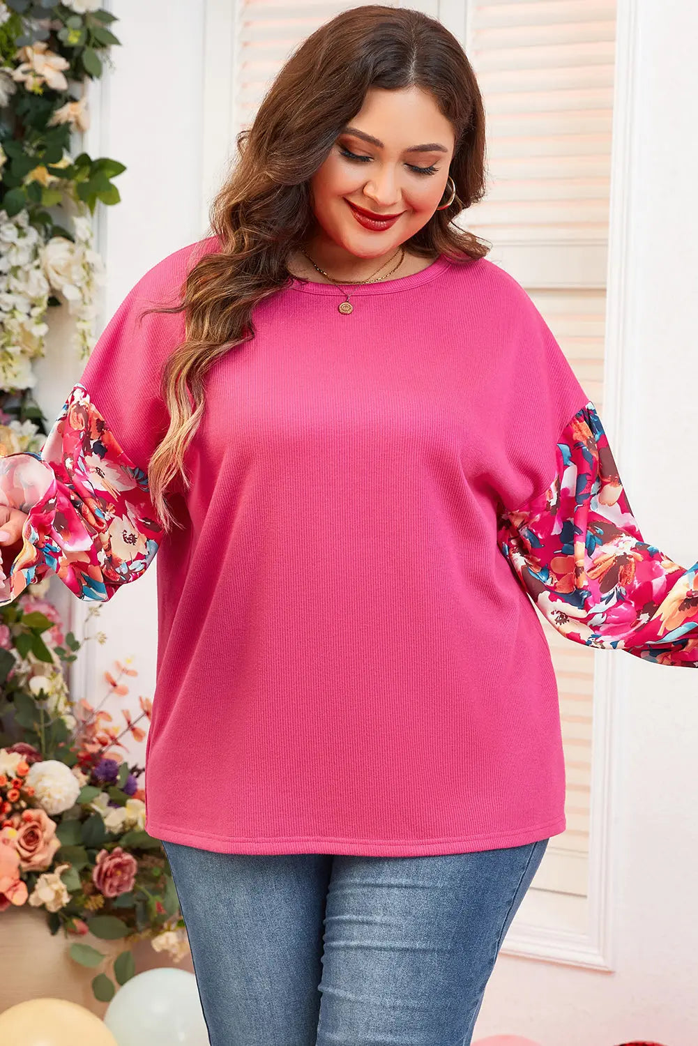 Bright Pink Floral Patchwork Flounce Sleeve Rib Knit Plus Top Dear-Lover Dropshipping