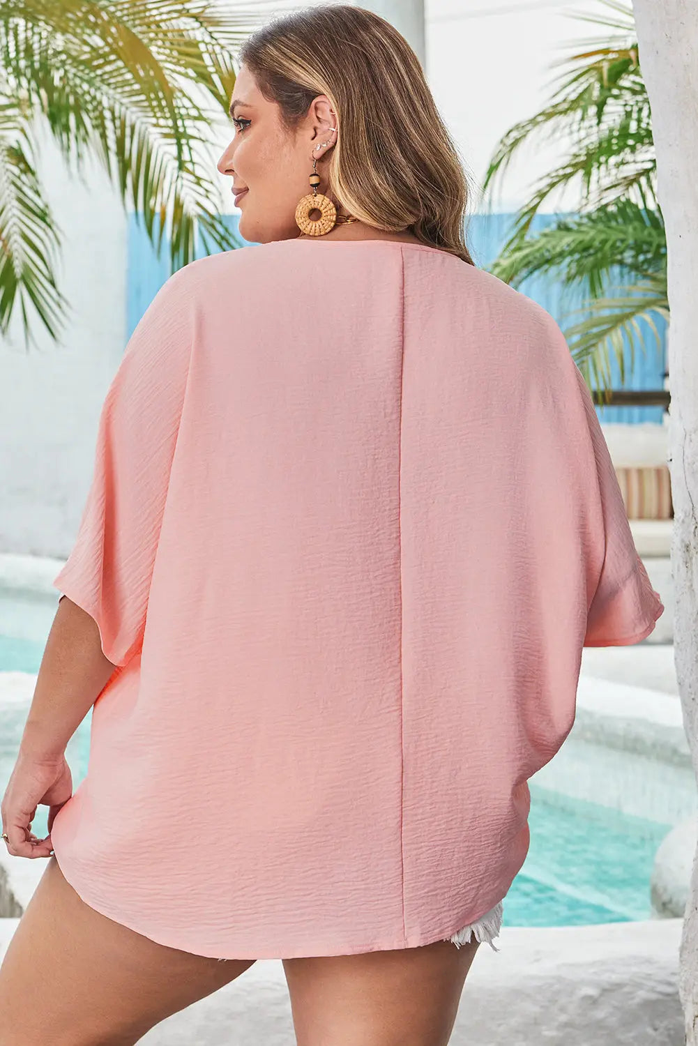 Pink Textured Half Sleeve V Neck Plus Size T Shirt with Chest Pocket Dear-Lover Dropshipping