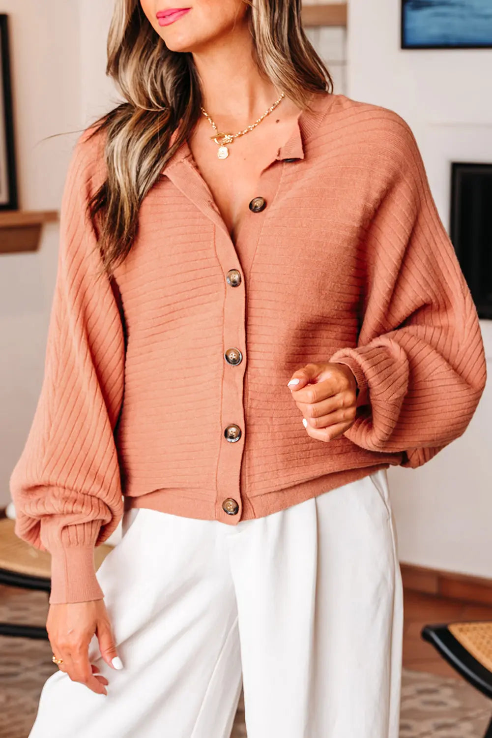Apricot Pink Wide Rib Knit Button Front Dolman Sleeve Sweater Cardigan Dear-Lover Dropshipping