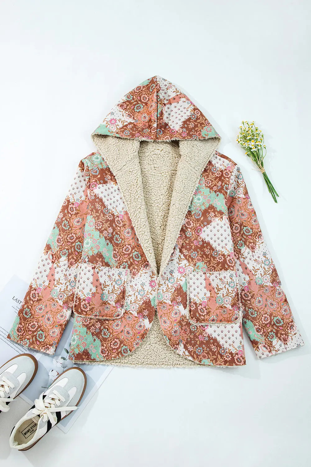 Khaki Vintage Floral Printed Sherpa Lined Hooded Jacket Dear-Lover Dropshipping