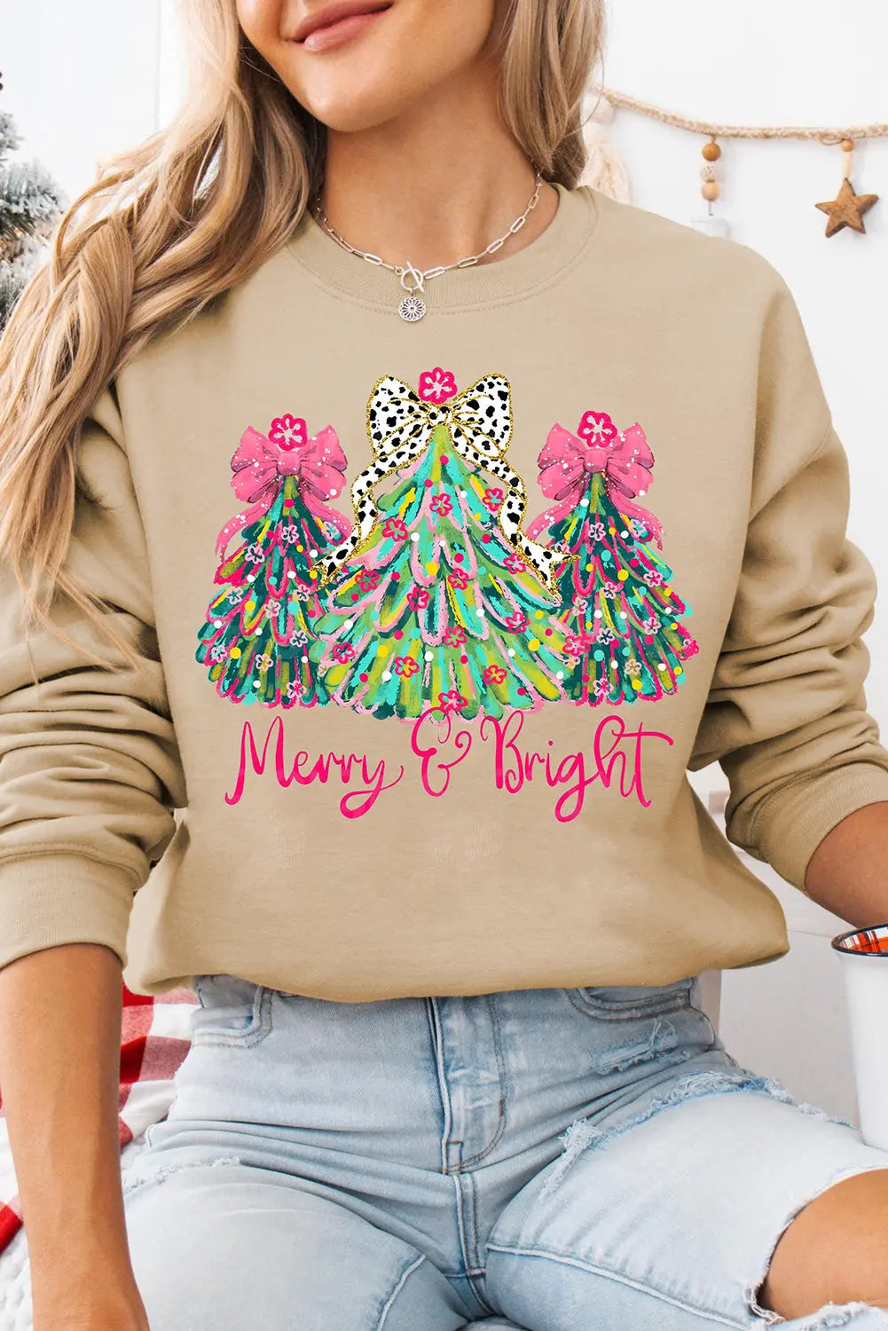 Khaki Merry & Bright Christmas Tree Print Pullover Sweatshirt Dear-Lover Dropshipping