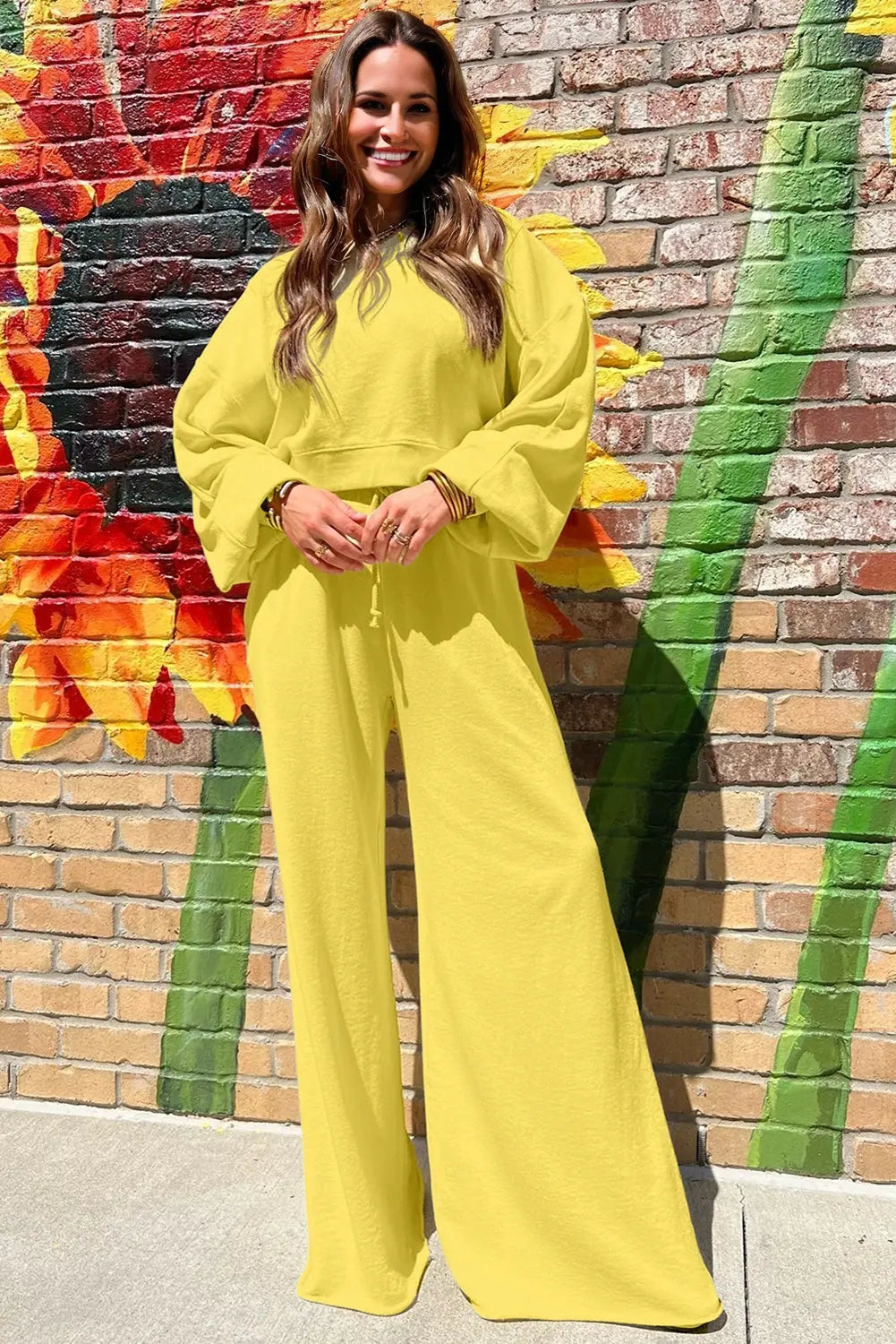 Yellow Cream Drop Shoulder Puff Sleeve Crop Pullover Drawstring Wide Leg Pants Set Dear-Lover Dropshipping
