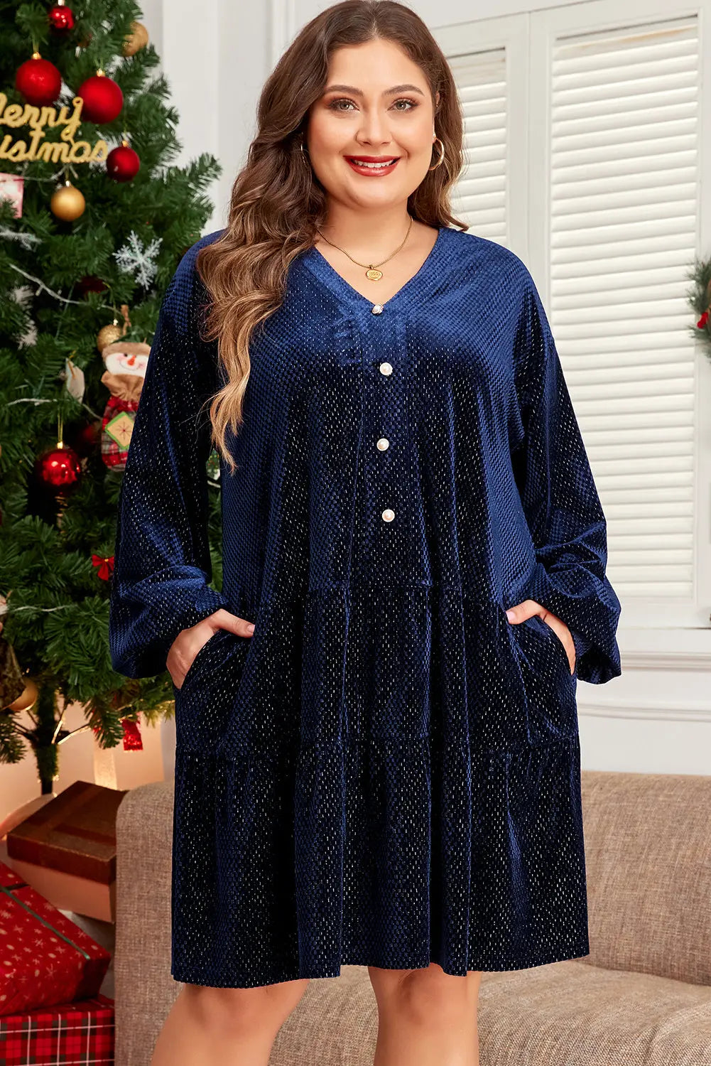 Navy Blue Plus Size Textured Velvet Tiered Button V Neck Dress Dear-Lover Dropshipping