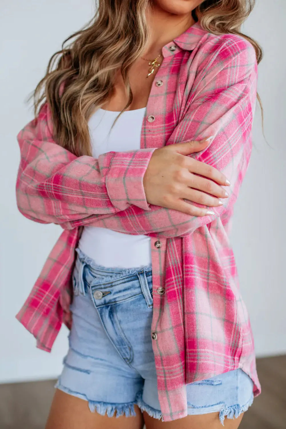 Sachet Pink Plaid Print Rounded Hem Long Sleeve Shirt with Pockets Dear-Lover Dropshipping