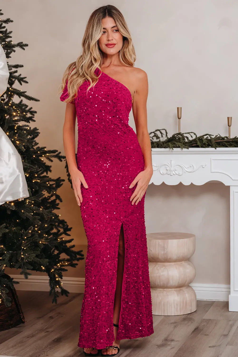 Pitaya Pink One Shoulder Thigh High Split Bodycon Sequin Gown Dear-Lover Dropshipping