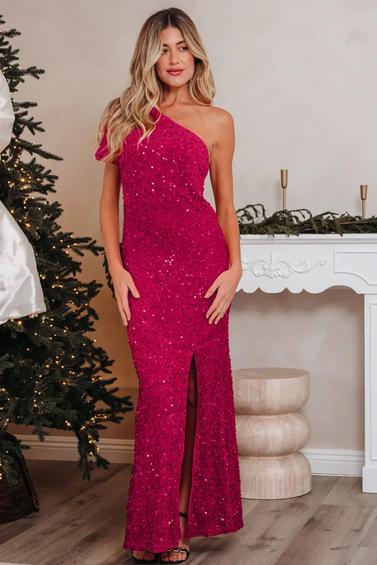 Pitaya Pink One Shoulder Thigh High Split Bodycon Sequin Gown Dear-Lover Dropshipping