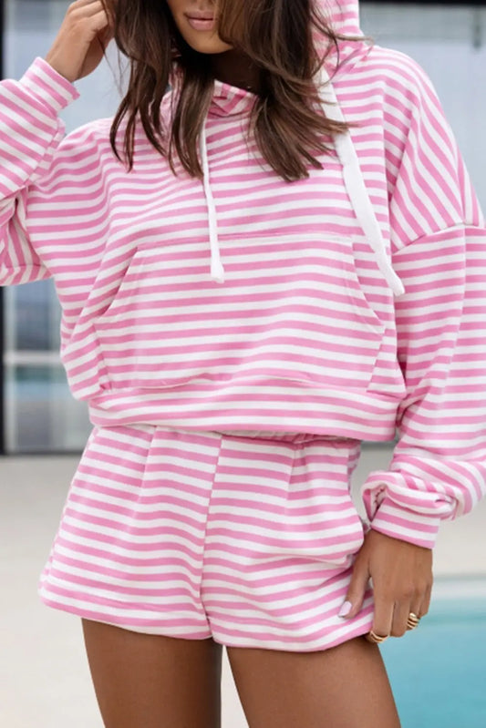Pink Stripe Kangaroo Pocket Hoodie and Wide Leg Shorts Set Dear-Lover Dropshipping