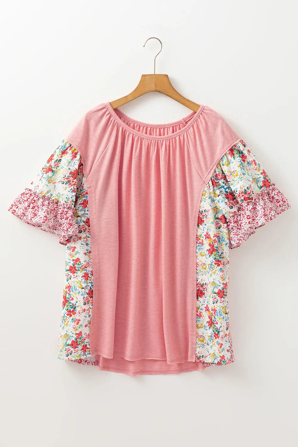 Pink Plus Size Floral Patchwork Ruffled Short Sleeve Blouse Dear-Lover Dropshipping