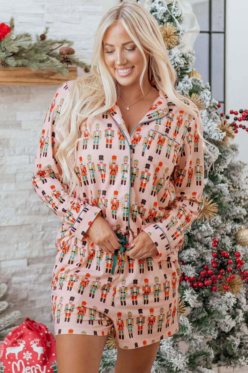 Pink Nutcracker March Long Sleeve Button Up 2pcs Pajama Short Set Dear-Lover Dropshipping