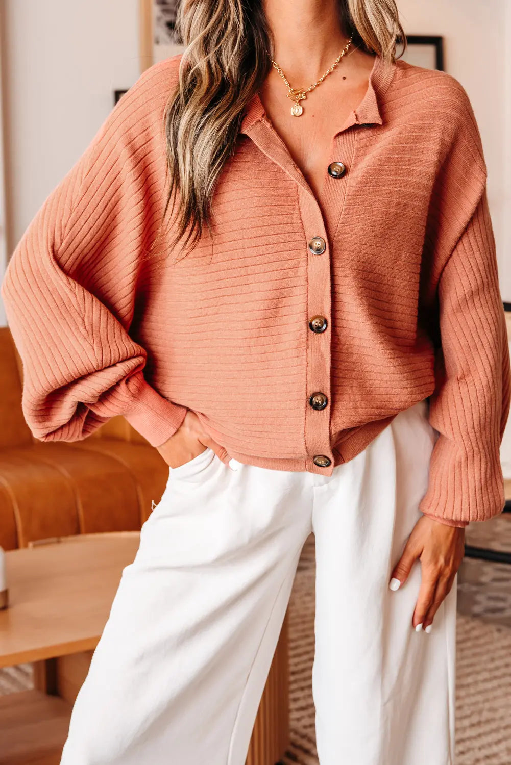 Apricot Pink Wide Rib Knit Button Front Dolman Sleeve Sweater Cardigan Dear-Lover Dropshipping