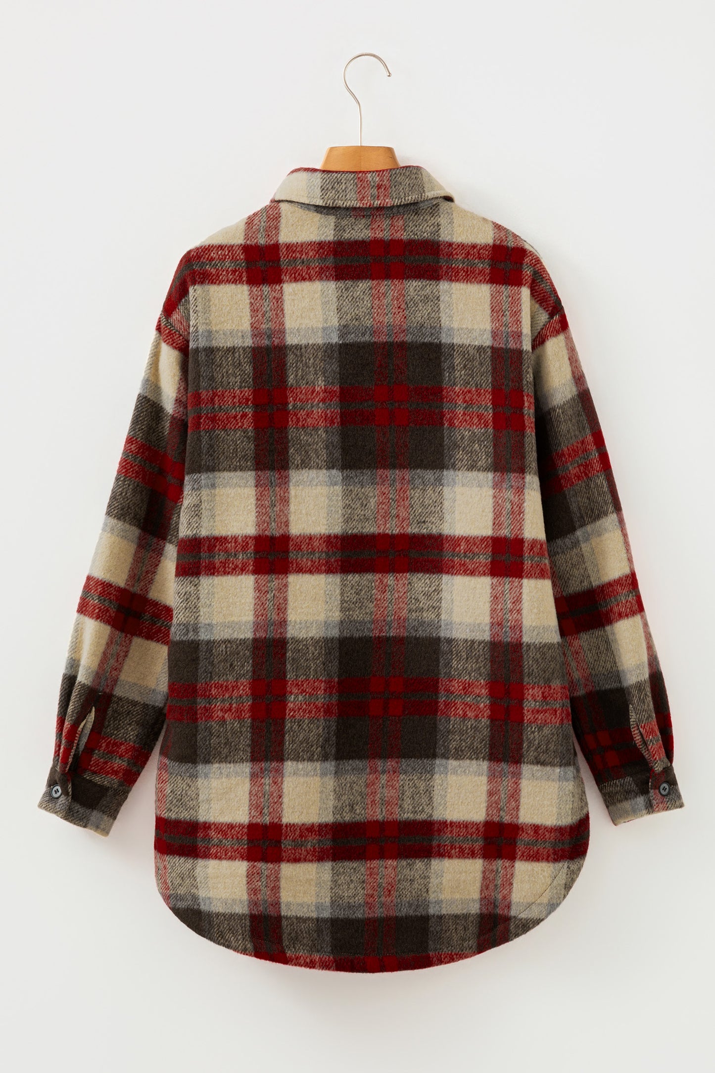 Red Brushed Plaid Buttoned Front Side Slit Tunic Shacket