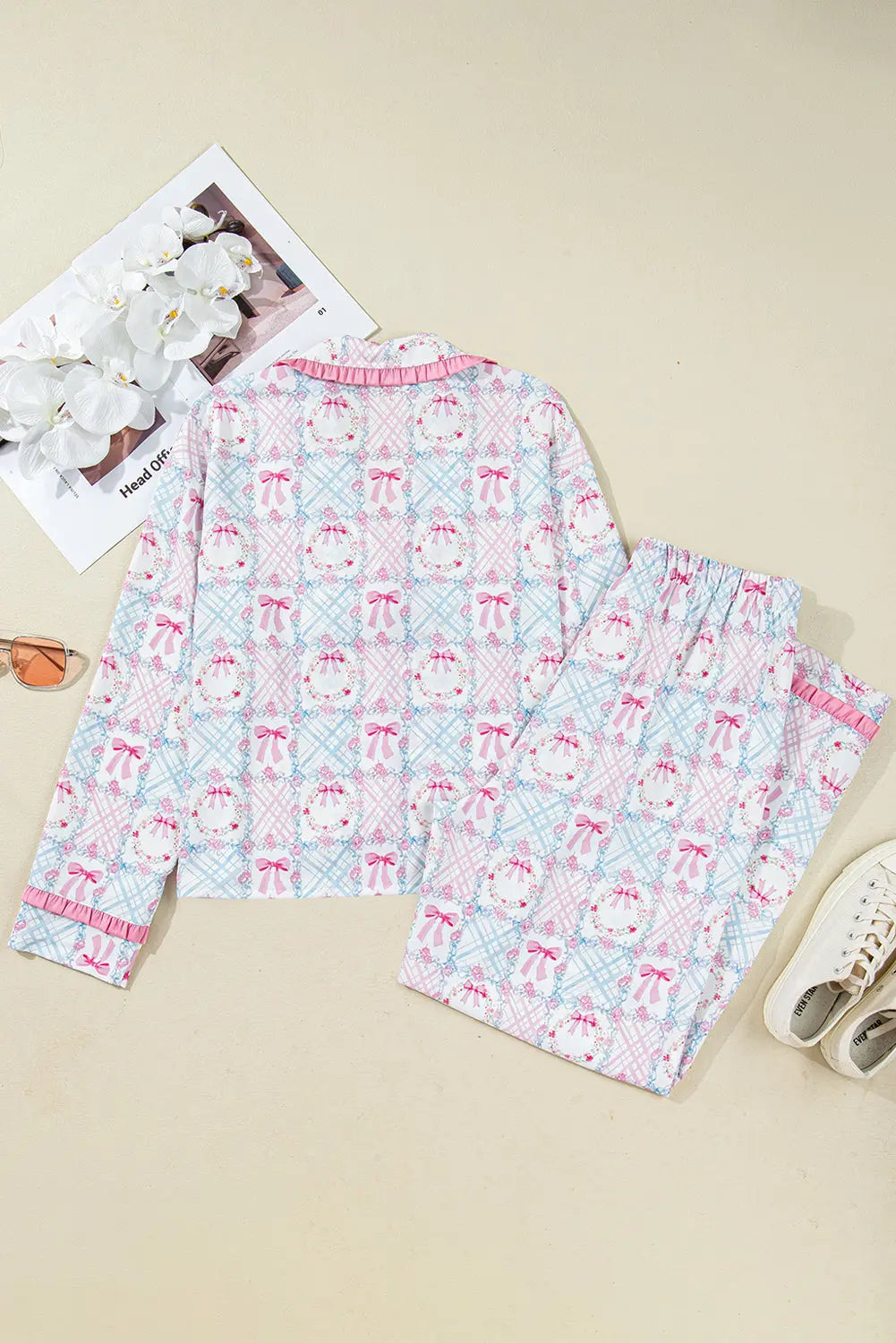 Pink Bow Wreath Pattern Christmas Holiday Tied Front Long Sleeve 2pcs Pajama Set Dear-Lover Dropshipping