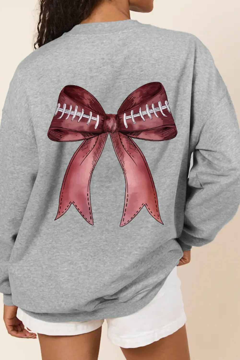 Gray Football Bow Print Drop Shoulder Pullover Sweatshirt Dear-Lover Dropshipping