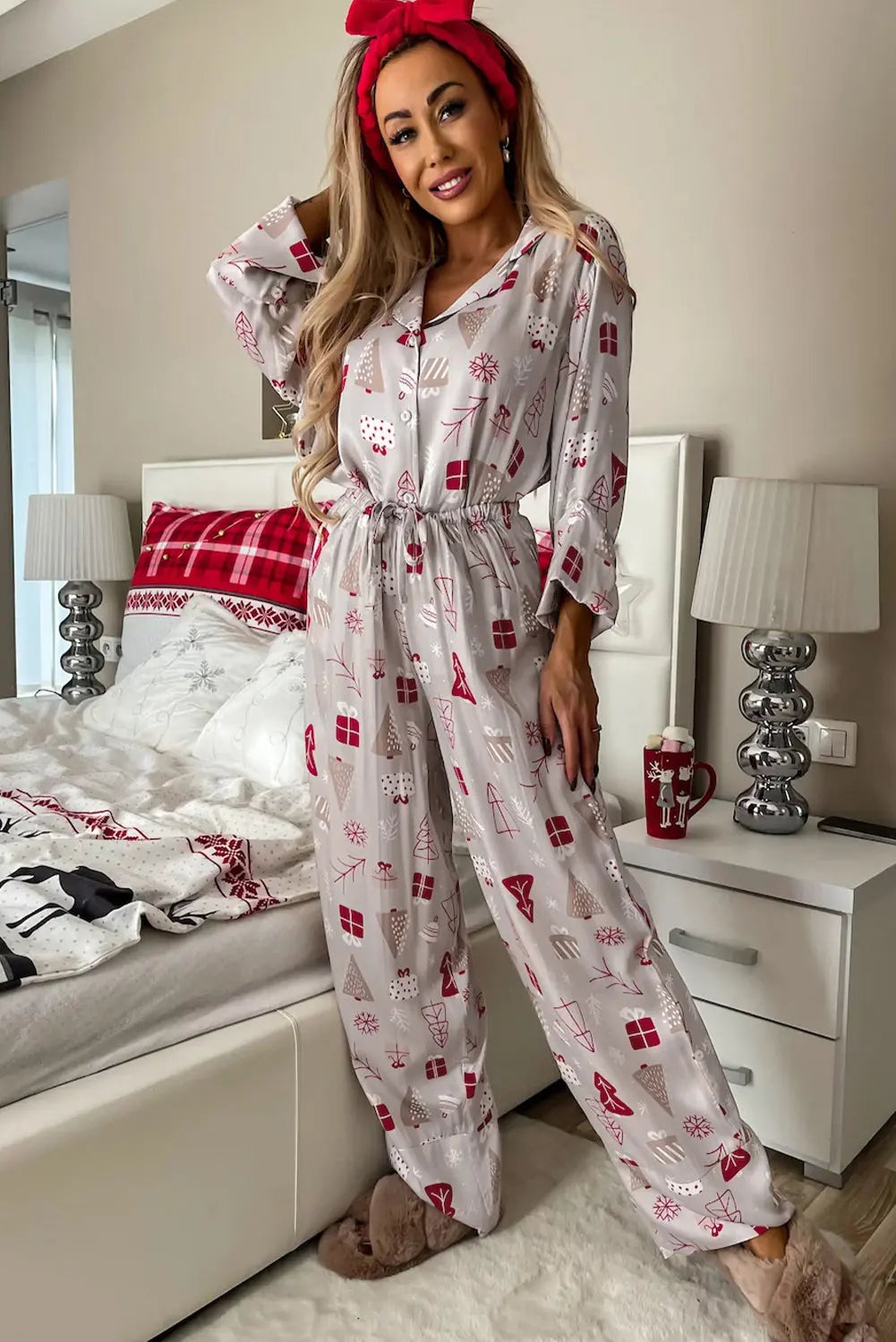 Light Grey Christmas Printed Shirt and Pants Pajama Set Dear-Lover Dropshipping