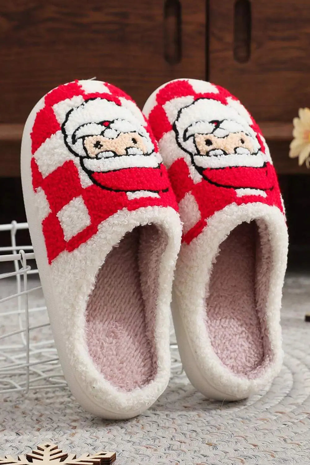 Fiery Red Checkered Santa Claus Graphic Plush Home Slippers Dear-Lover Dropshipping