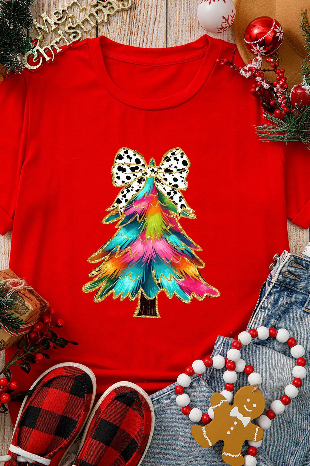 Red Bow Decor Christmas Tree Graphic Holiday T Shirt Dear-Lover Dropshipping