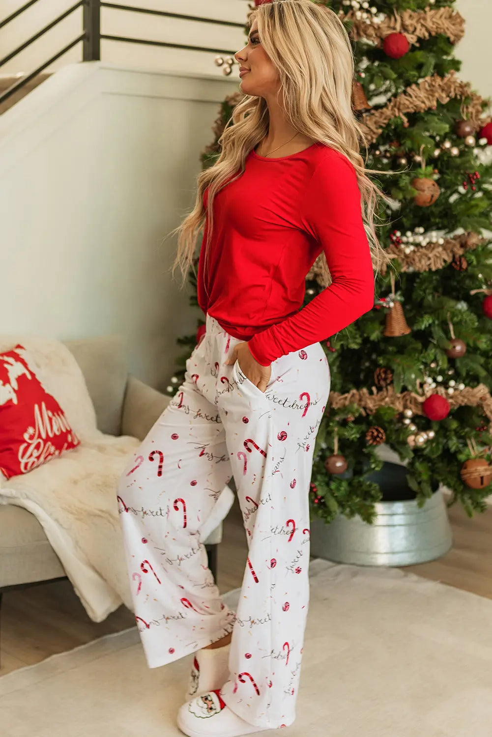 Red Solid Top and Christmas Pants Two Piece Lounge Set Dear-Lover Dropshipping