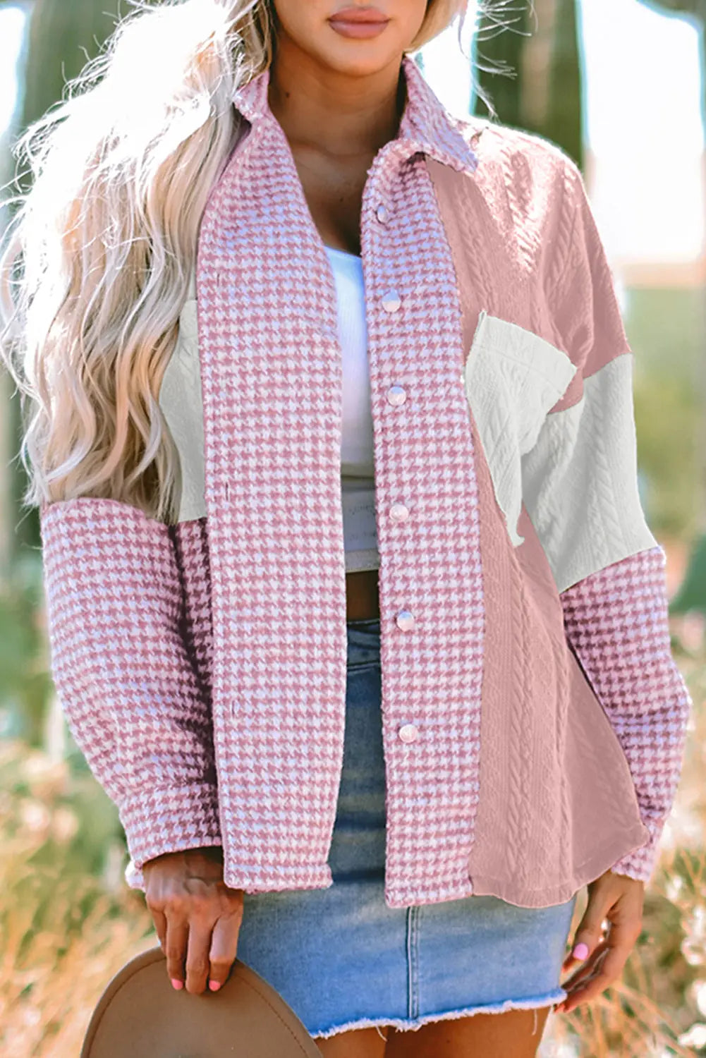 Pink Houndstooth Color Contrast Textured Patchwork Loose Shacket Dear-Lover Dropshipping
