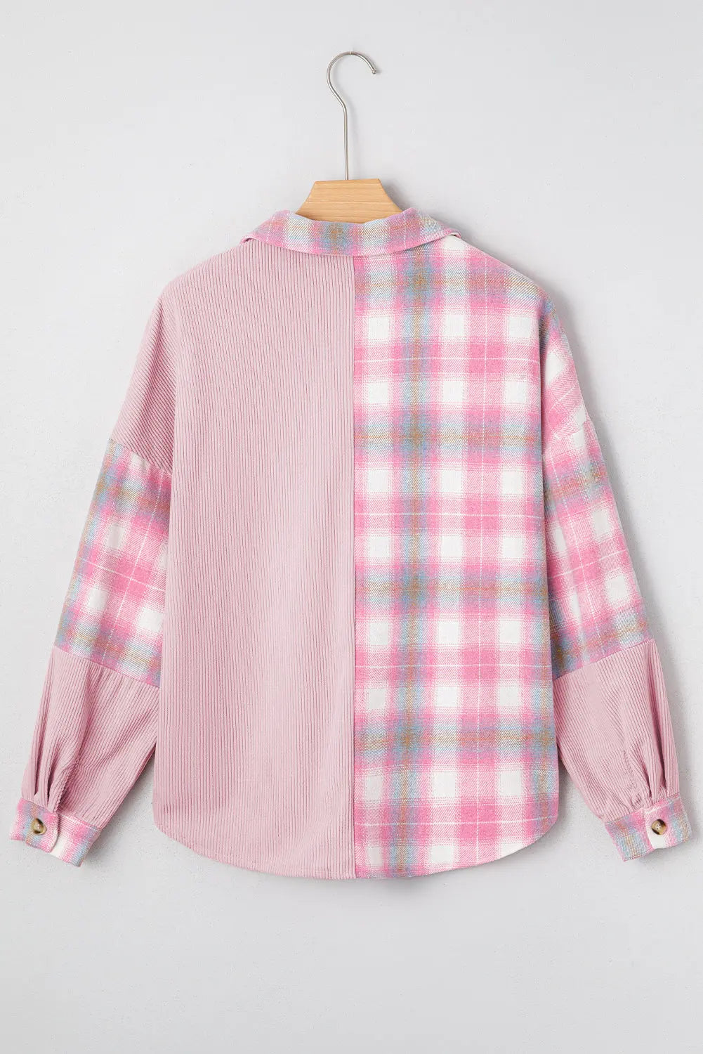 Pink Brushed Plaid Corduroy Flap Pockets Patchwork Shacket Dear-Lover Dropshipping