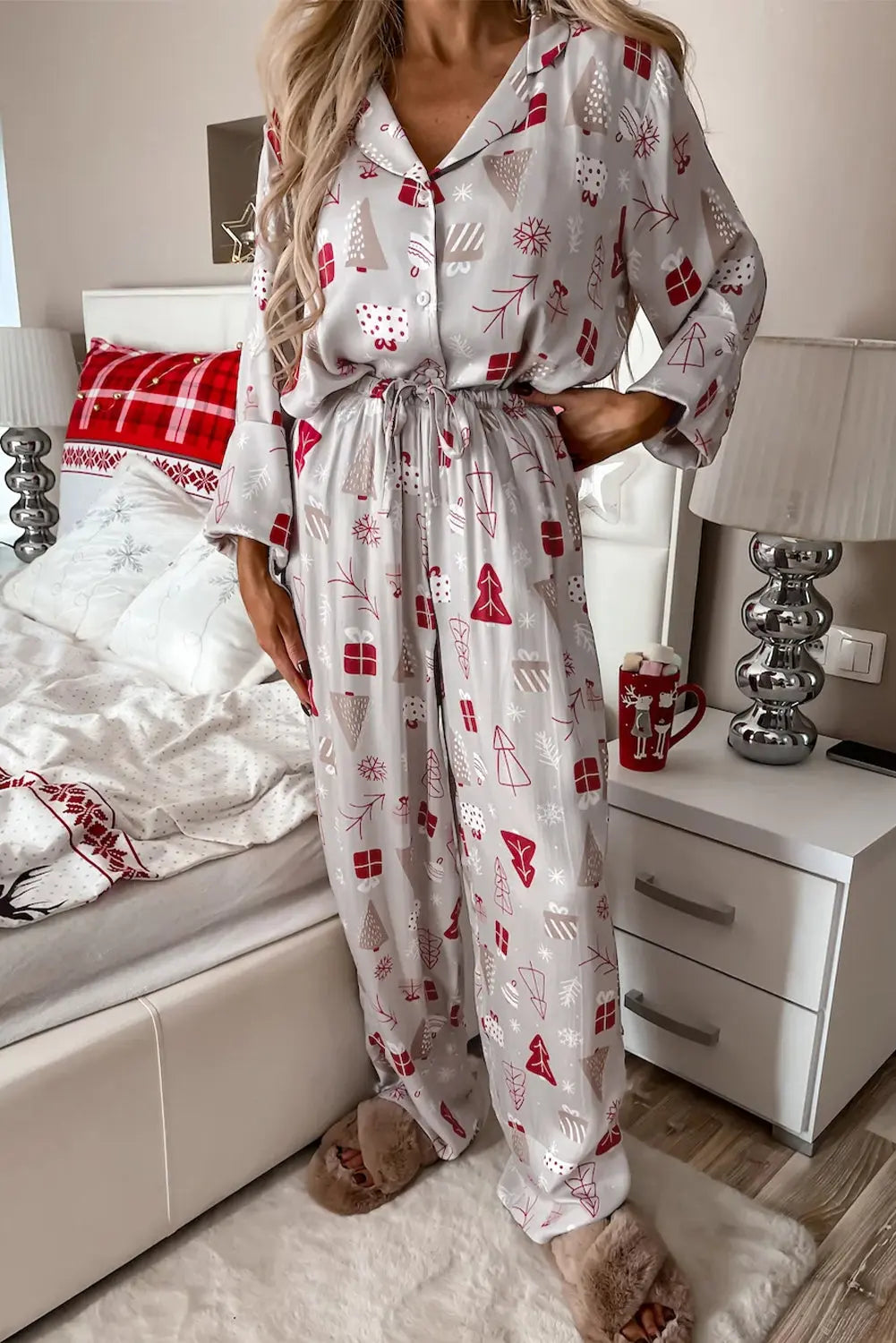 Light Grey Christmas Printed Shirt and Pants Pajama Set Dear-Lover Dropshipping