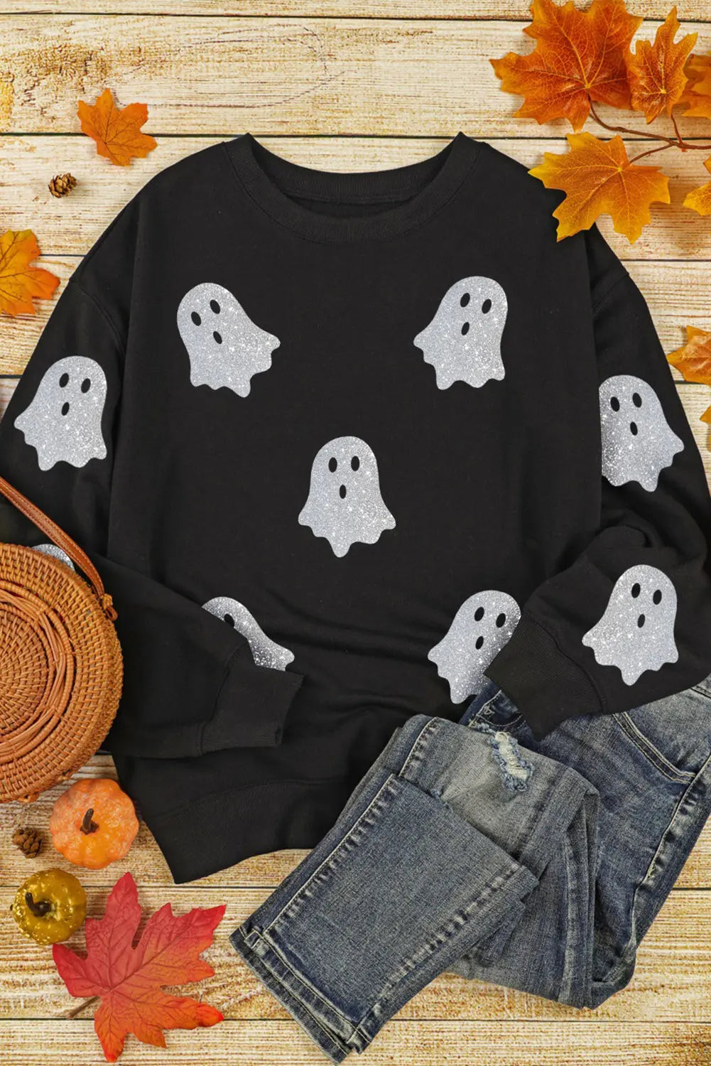 Black Glitter Ghost Pattern Crew Neck Halloween Sweatshirt Dear-Lover Dropshipping