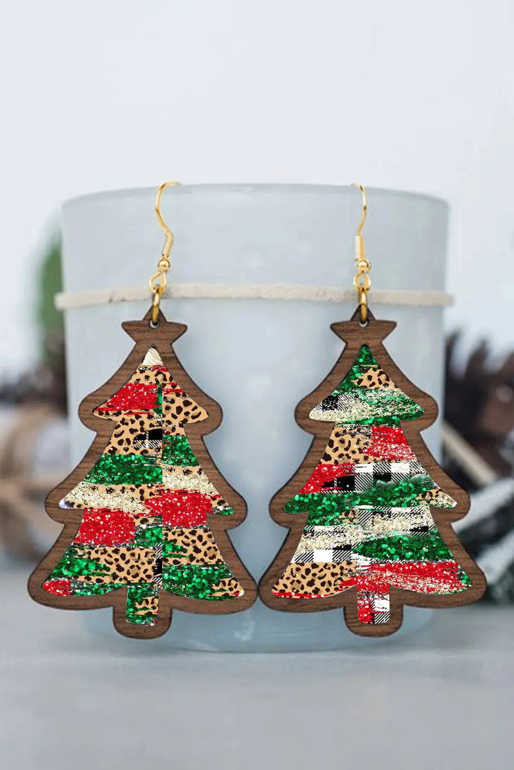 Red Shade Of Leopard Plaid Christmas Tree Earrings Dear-Lover Dropshipping
