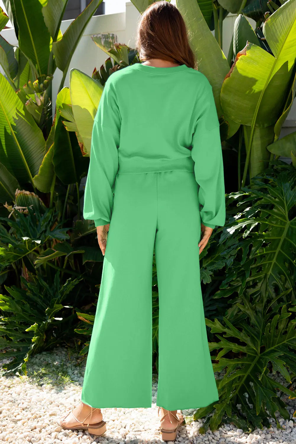 Bright Green Drop Shoulder Puff Sleeve Crop Pullover Drawstring Wide Leg Pants Set Dear-Lover Dropshipping