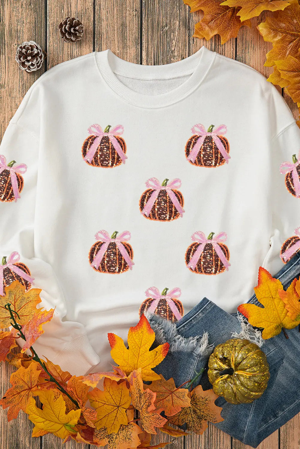 White Sequin Bow Pumpkin Patched Cotton Baggy Sweatshirt Dear-Lover Dropshipping