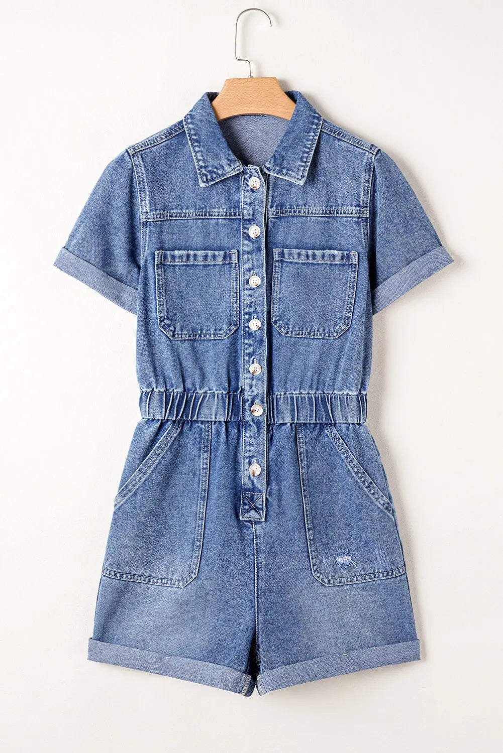 Dusk Blue Chest Pocket Front Buttoned Folded Edge Denim Short Sleeve Romper Dear-Lover Dropshipping