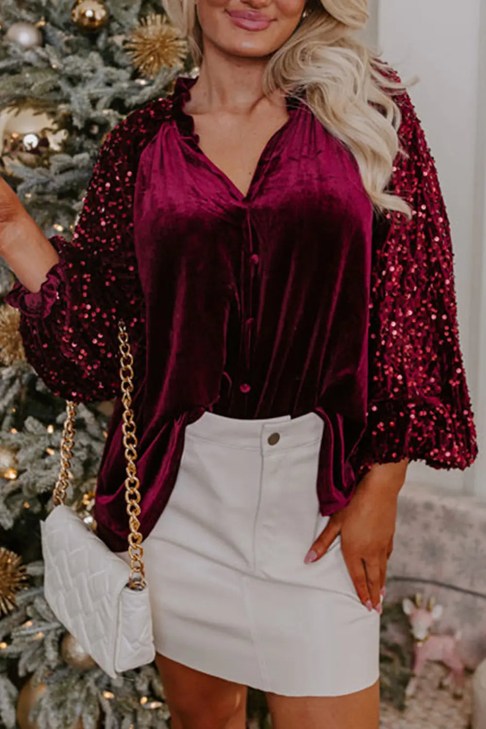 Red Dahlia Sequin Patchwork Sleeve Button Up Velvet Top Dear-Lover Dropshipping