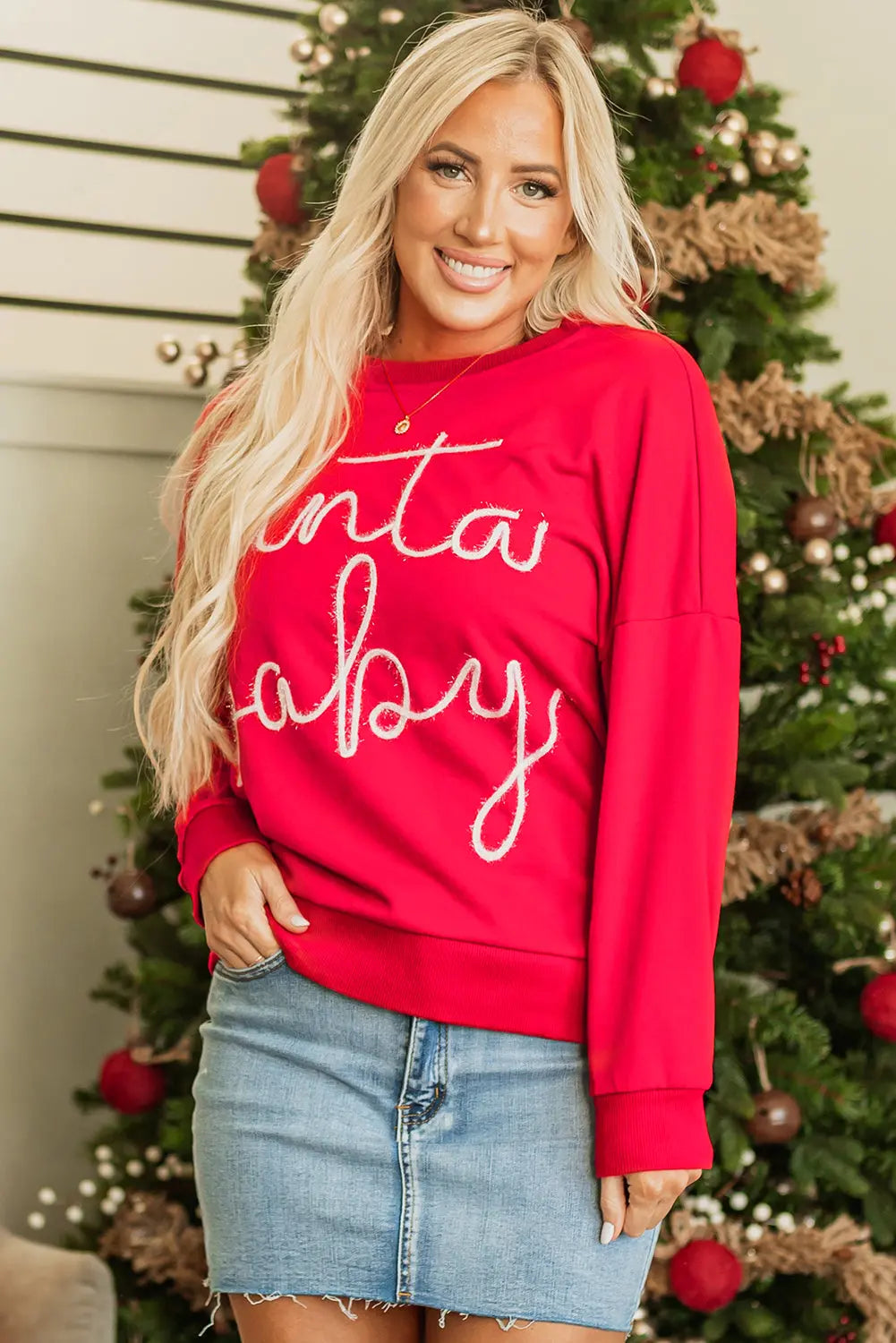 Fiery Red Christmas Santa Baby Tinsel Graphic Sweatshirt Dear-Lover Dropshipping