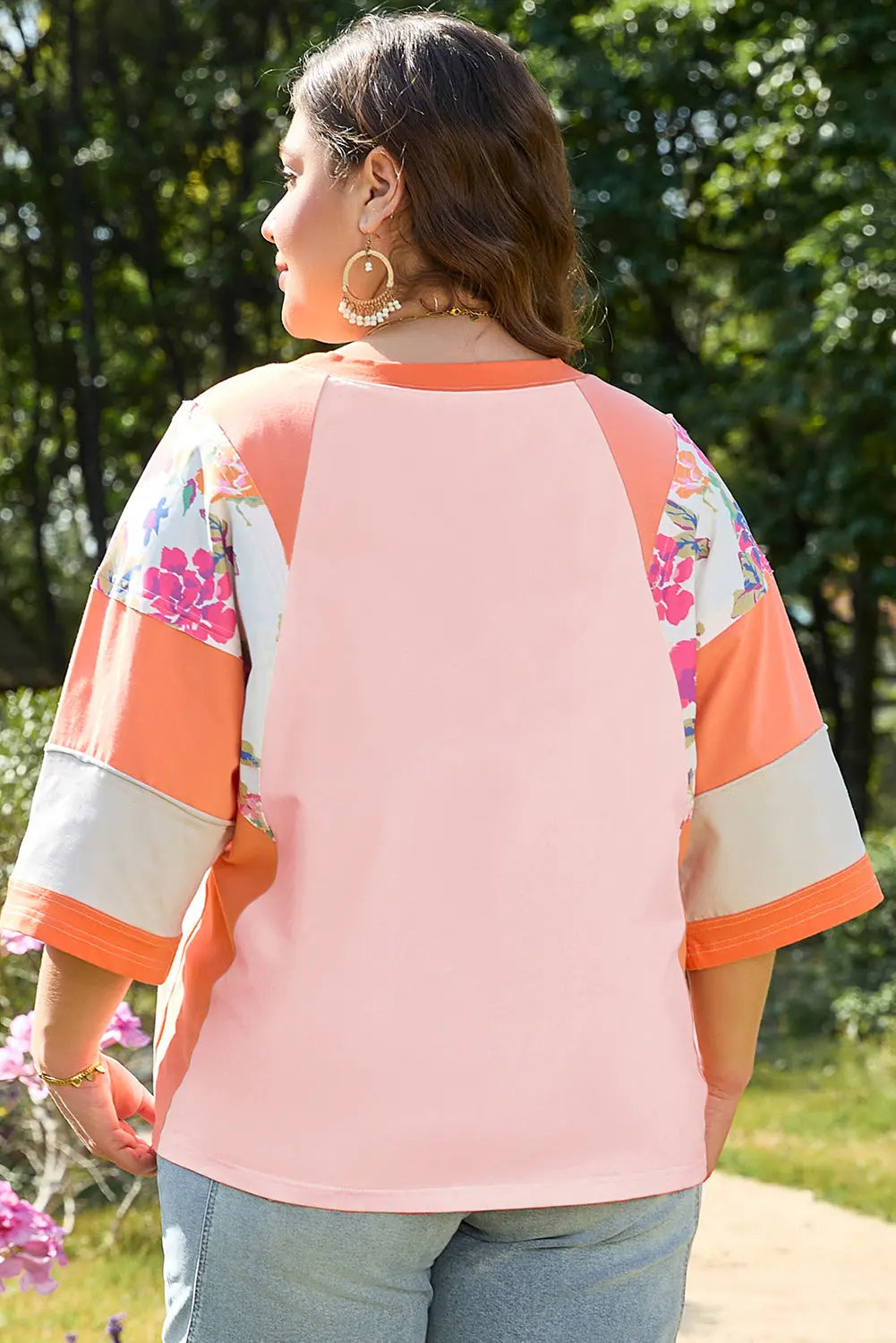 Orange Plus Size Floral Print Patchwork Raglan Half Sleeve Top Dear-Lover Dropshipping