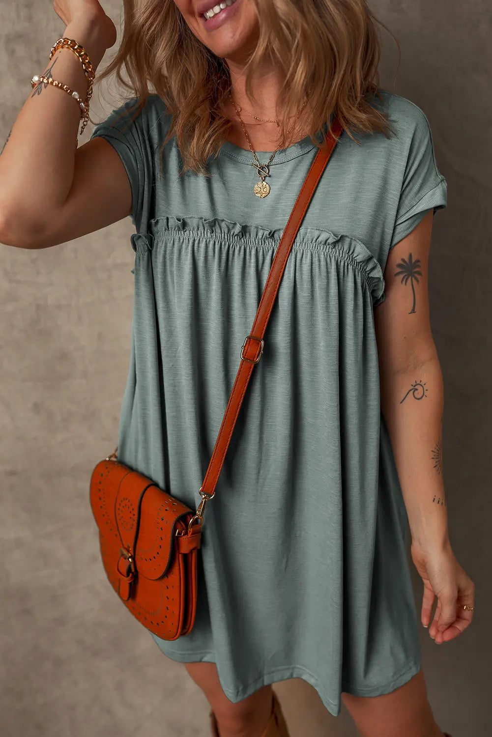 Mist Green Frilled Gathered Seam Round Neck T Shirt Dress Dear-Lover Dropshipping