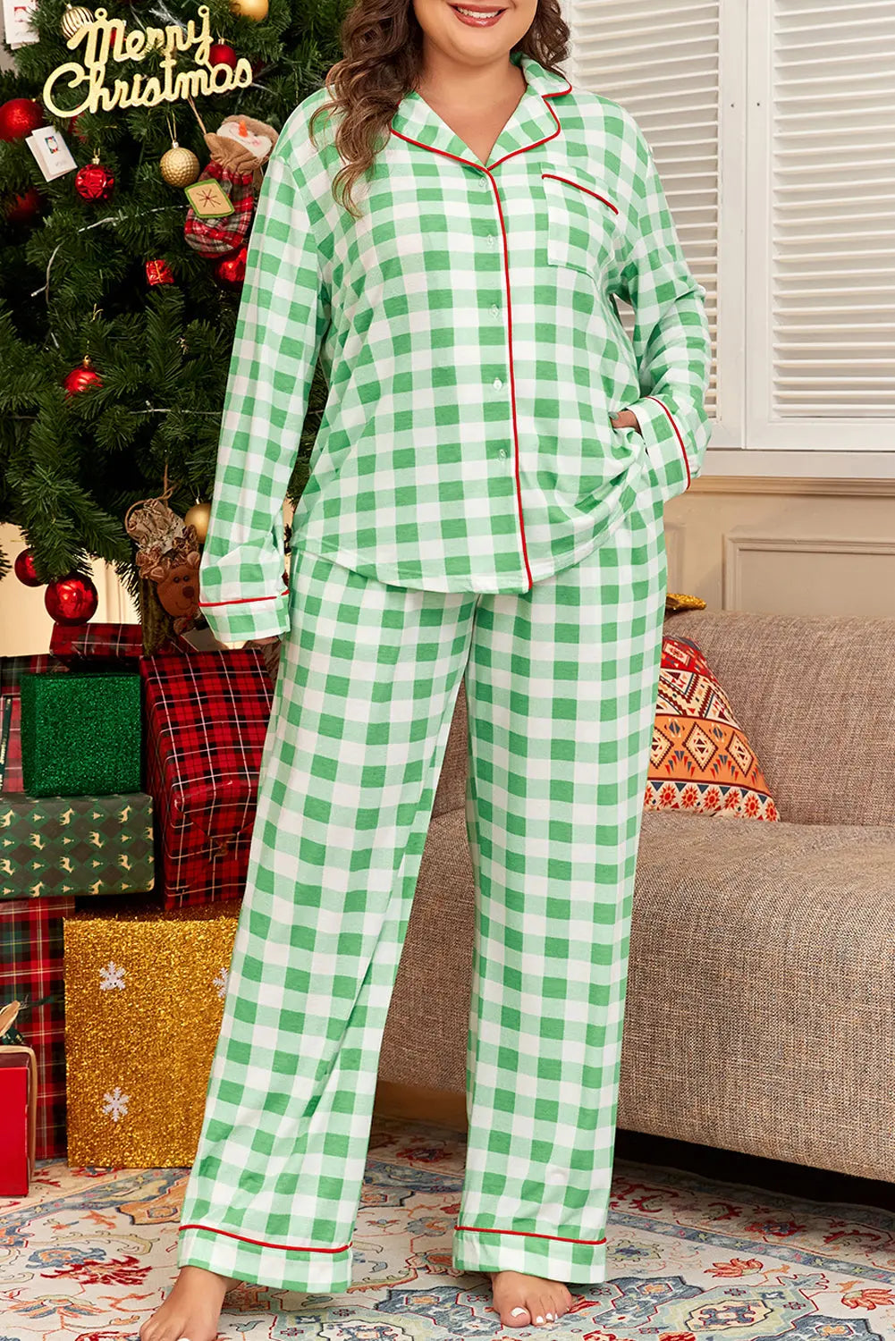 Green Plaid Print Contrast Trim Long Sleeve Plus Size Pajama Set Dear-Lover Dropshipping