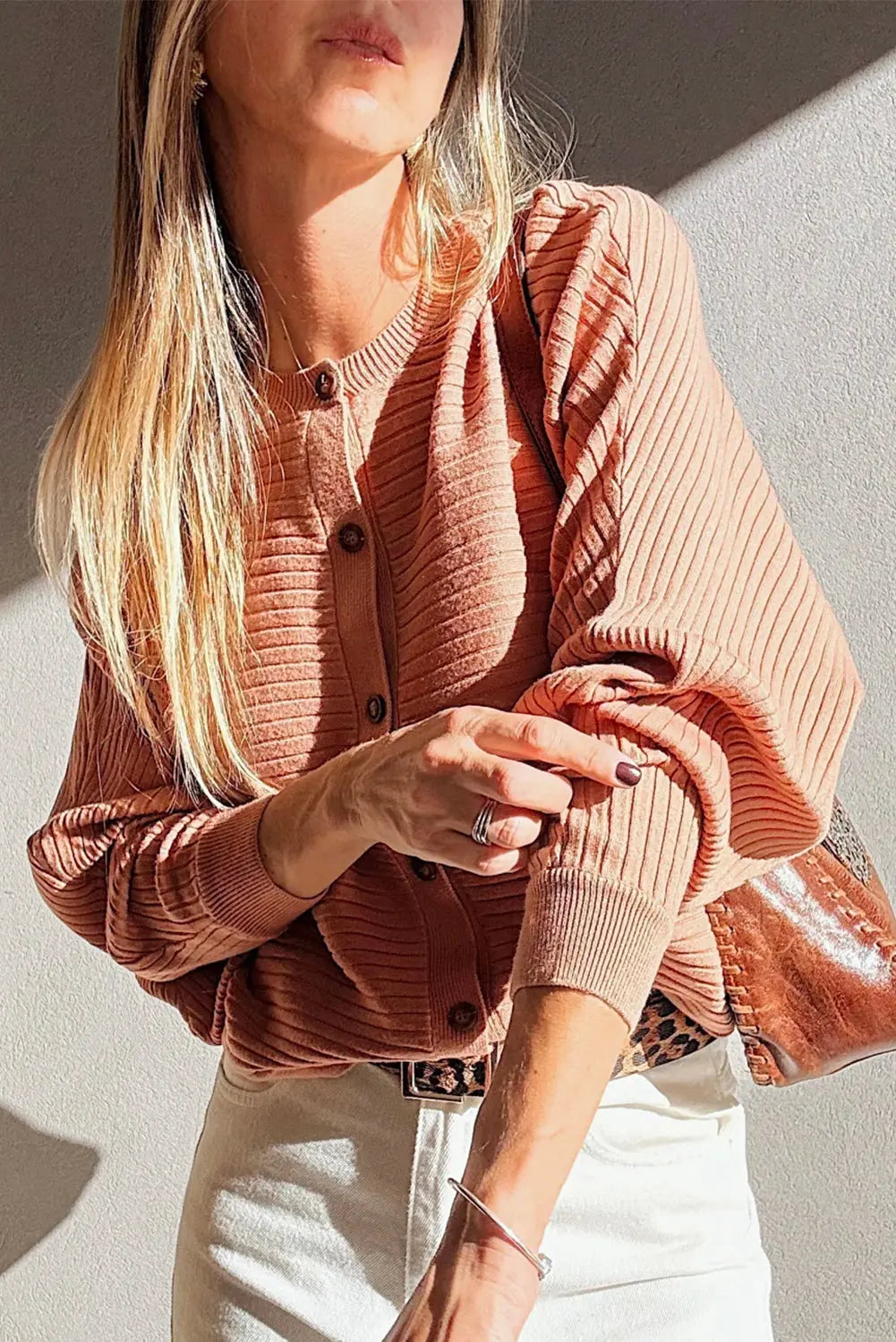 Apricot Pink Wide Rib Knit Button Front Dolman Sleeve Sweater Cardigan Dear-Lover Dropshipping