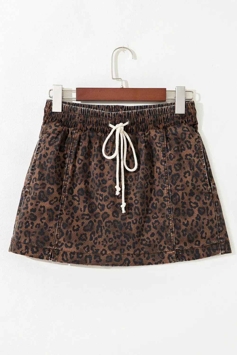 Brown Leopard Print Elastic Waistband Drawstring Denim Skort Dear-Lover Dropshipping