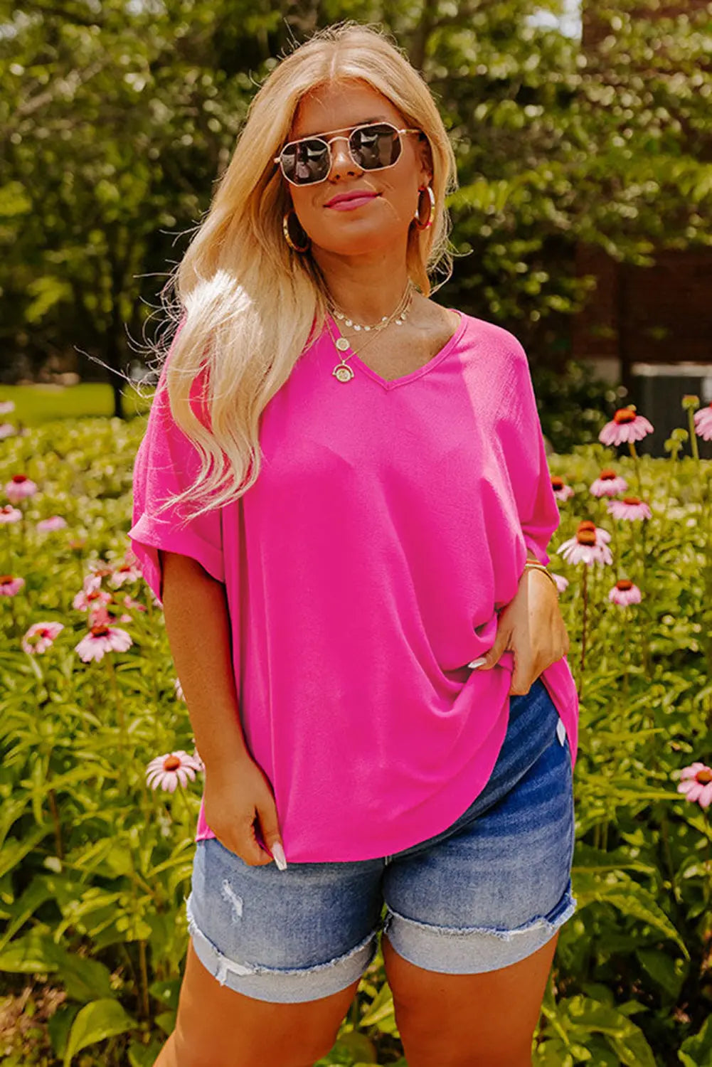 Bright Pink Seamed Back High Low Hem V Neck Cuffed Sleeve Plus Size Tee Dear-Lover Dropshipping