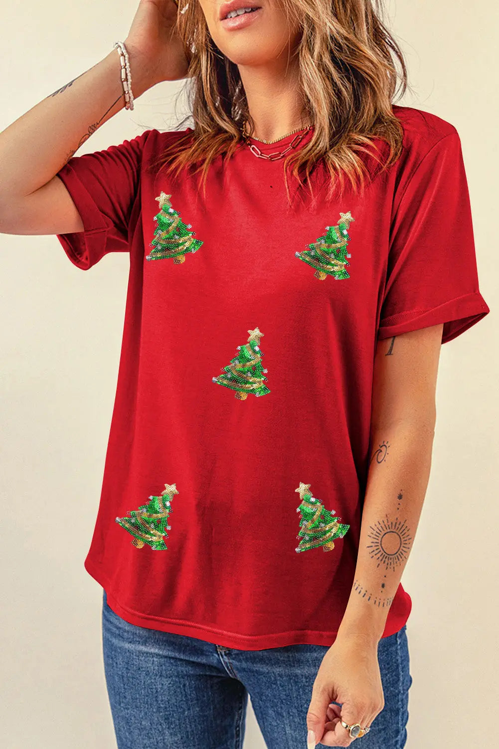 Red Sequined Christmas Tree Graphic Crewneck T Shirt Dear-Lover Dropshipping