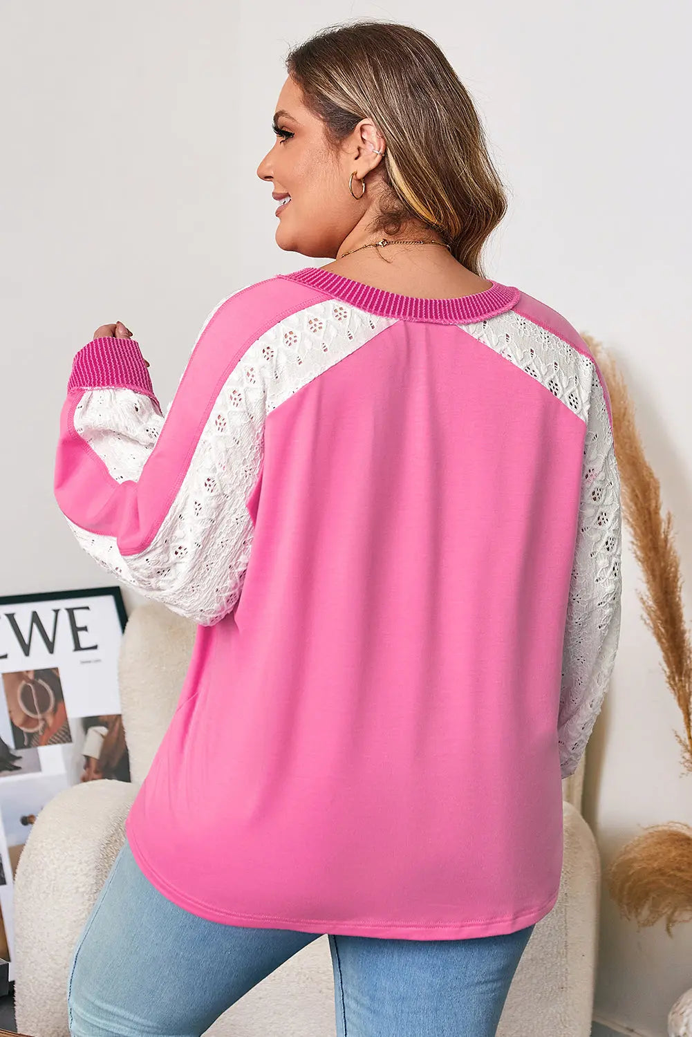Bonbon Lace Striped Patchwork Long Sleeve Corded V Neck Plus Size Top Dear-Lover Dropshipping
