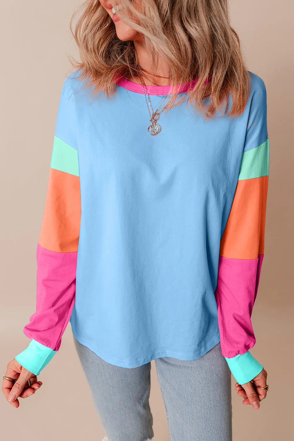 Dark Blue Colorblock Patchwork Long Sleeve Loose Top Dear-Lover Dropshipping