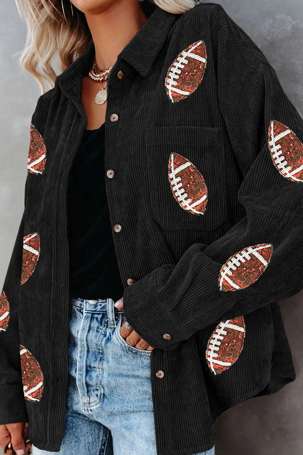 Black Sequin Rugby Pattern Buttoned Corduroy Shacket Dear-Lover Dropshipping