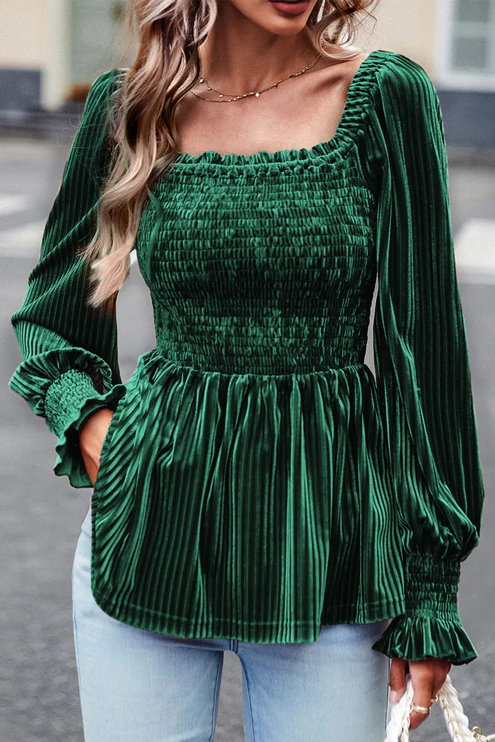 Blackish Green Smocked Ribbed Velvet Babydoll Top Dear-Lover Dropshipping