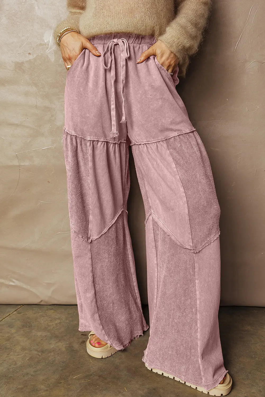 Careys Mineral Wash Tiered Wide Leg Patchwork Drawstring Pants Dear-Lover Dropshipping