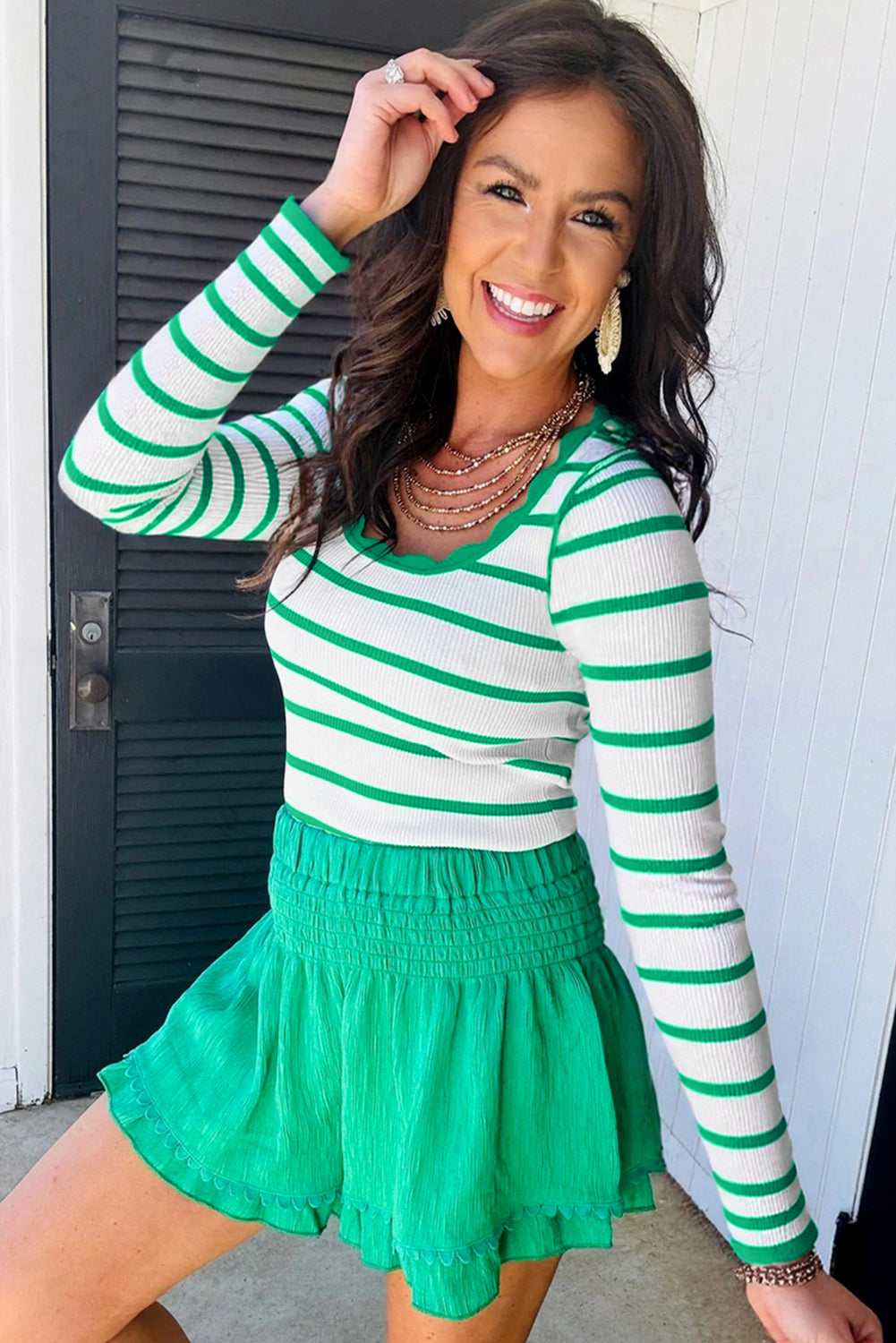 Bright Green Scalloped Trim U Neck Striped Ribbed Slim Sweater