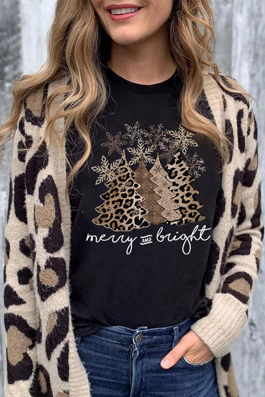 Black Leopard Christmas Tree Graphic Crew Neck T Shirt Dear-Lover Dropshipping