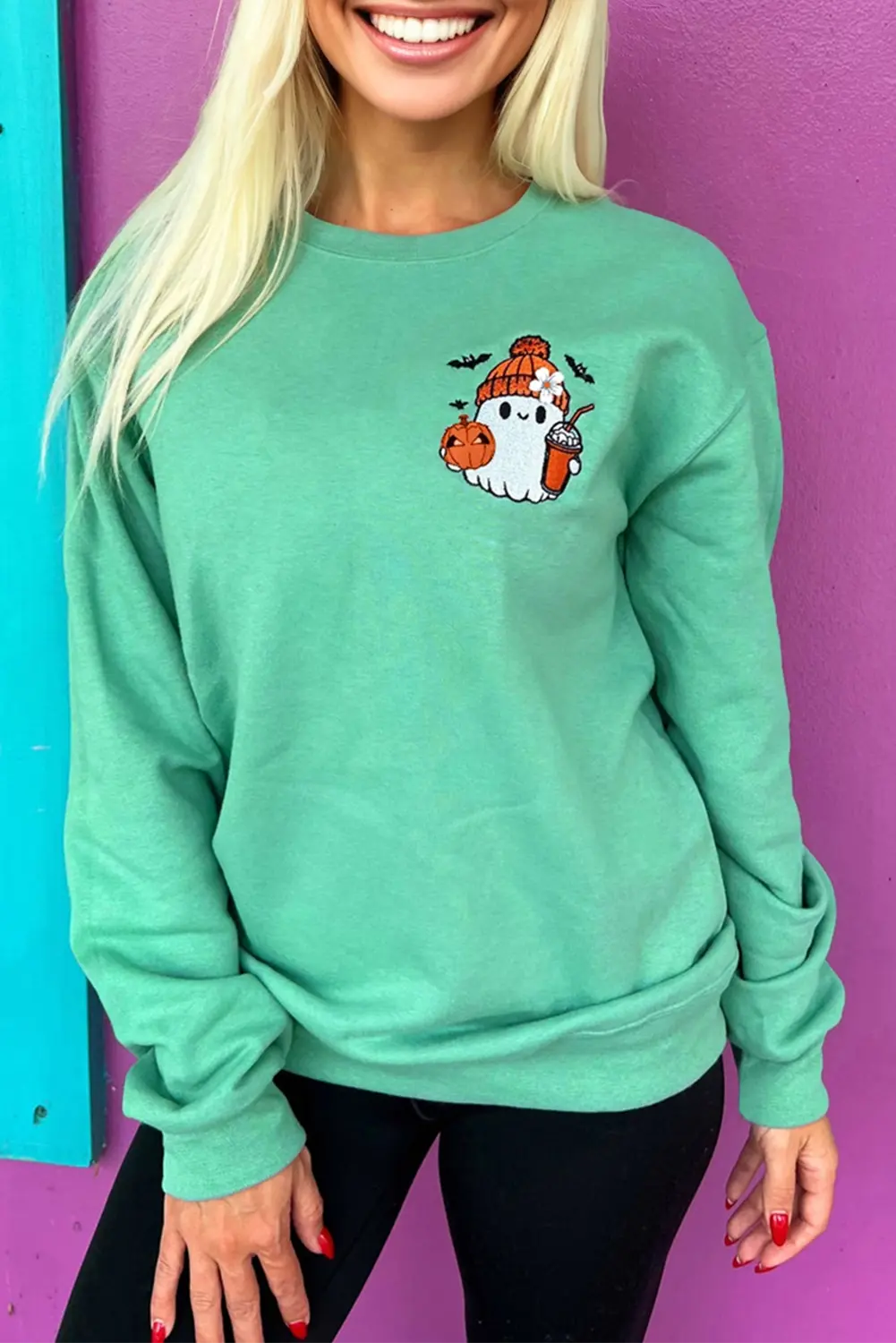 Aruba Blue Cute Halloween Ghost Embroidered Casual Sweatshirt Dear-Lover Dropshipping