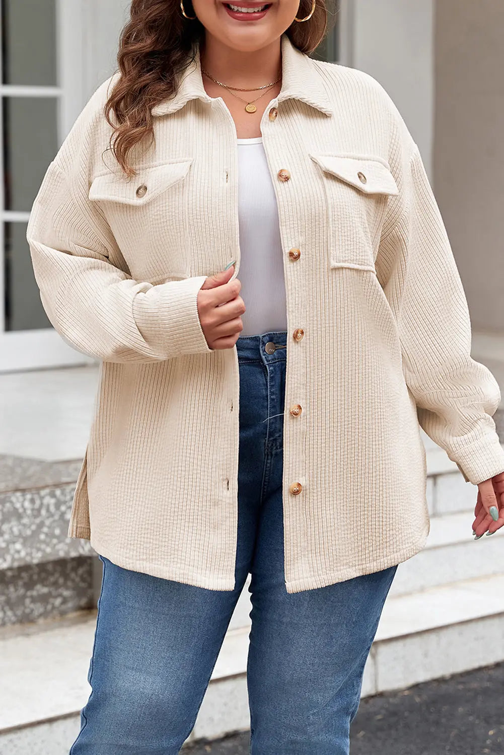 Oatmeal Textured Flap Pockets Buttoned Plus Size Shacket Dear-Lover Dropshipping