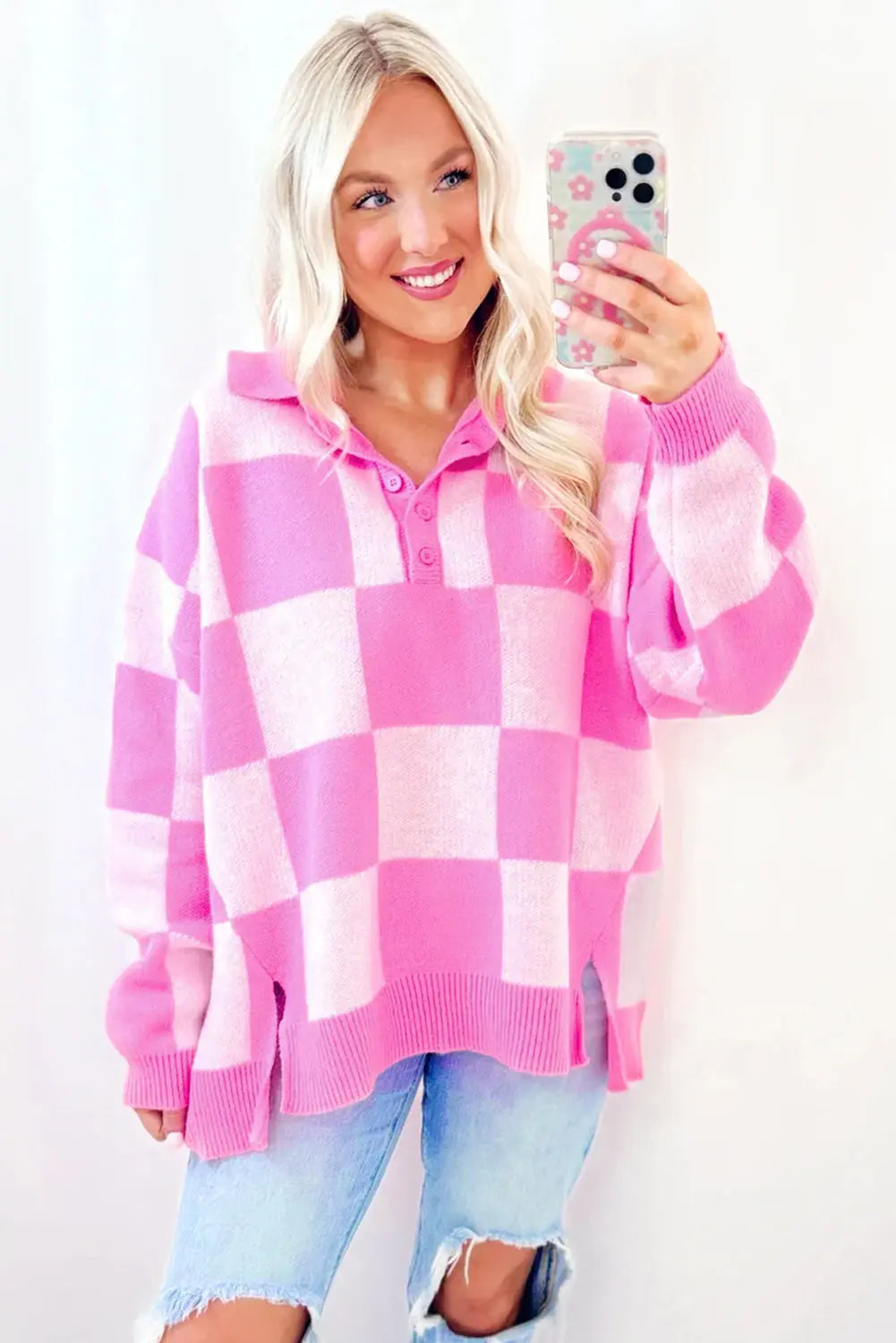 Pink Checkerboard Half Button Collared Drop Shoulder Sweater Dear-Lover Dropshipping