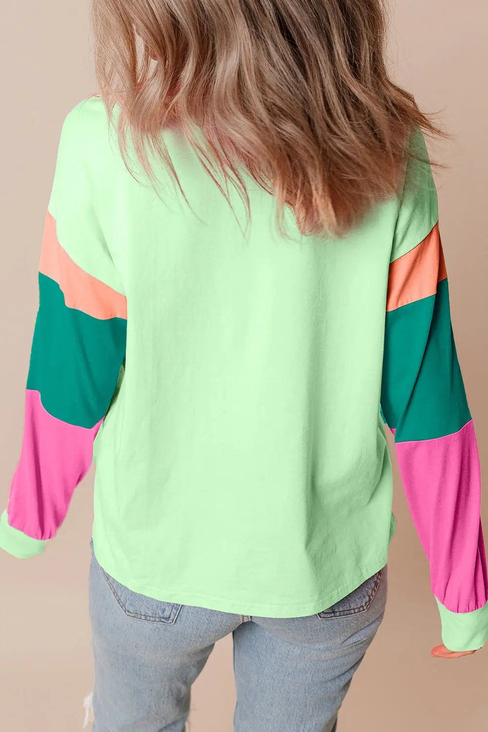 Green Colorblock Patchwork Long Sleeve Loose Top Dear-Lover Dropshipping