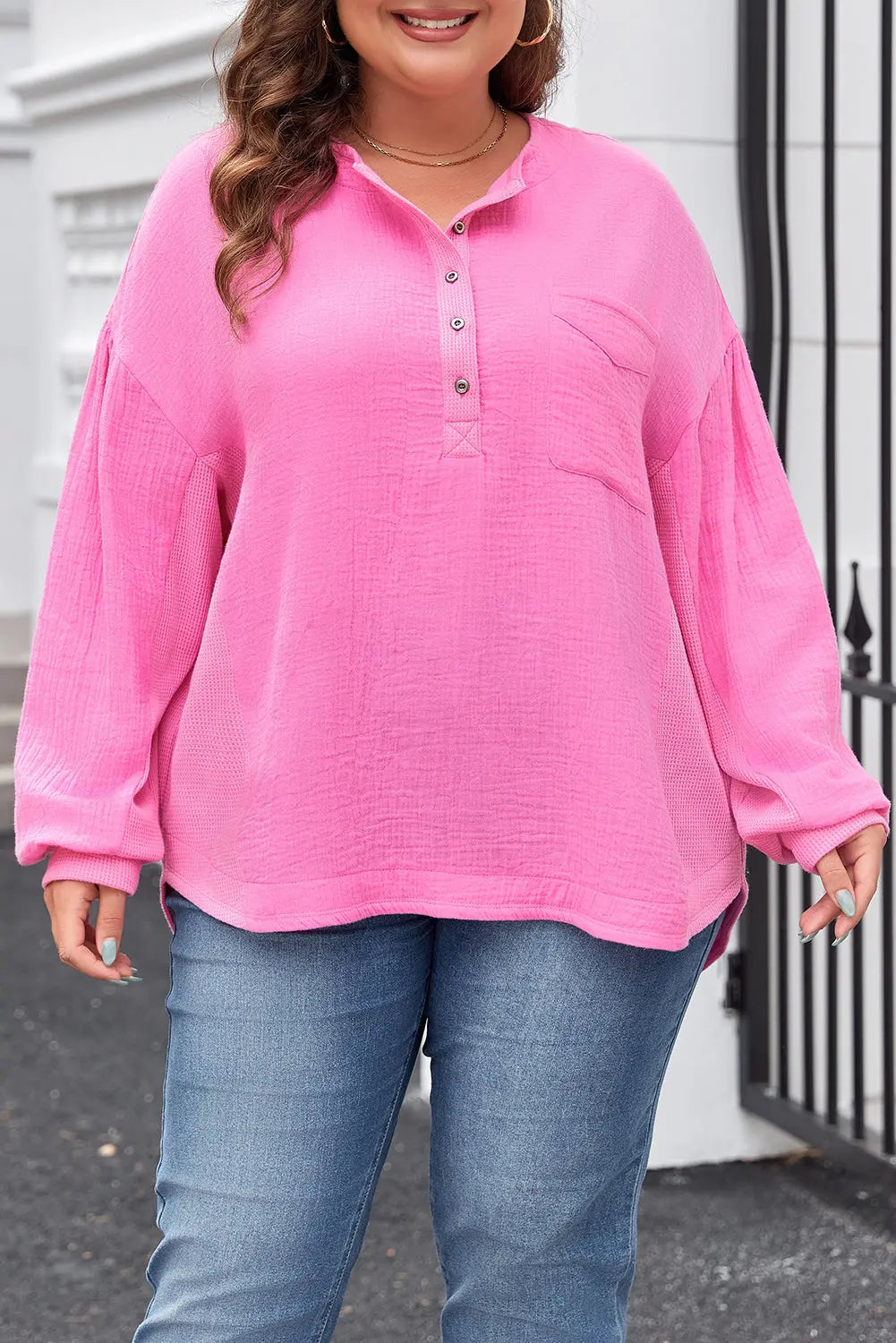 Bonbon Half Buttons Chest Pocket Drop Sleeve Plus Size Top Dear-Lover Dropshipping